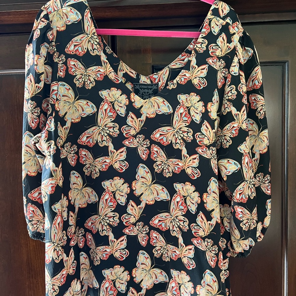 Johnny Was Black Butterfly Print Blouse